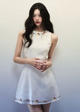 White Linen flower embroidered dress